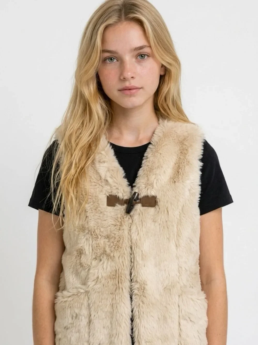 ZARA | Girl’s Cream Faux Fur Buckle Front Sleeveless Vest Youth Size 11-12 Years